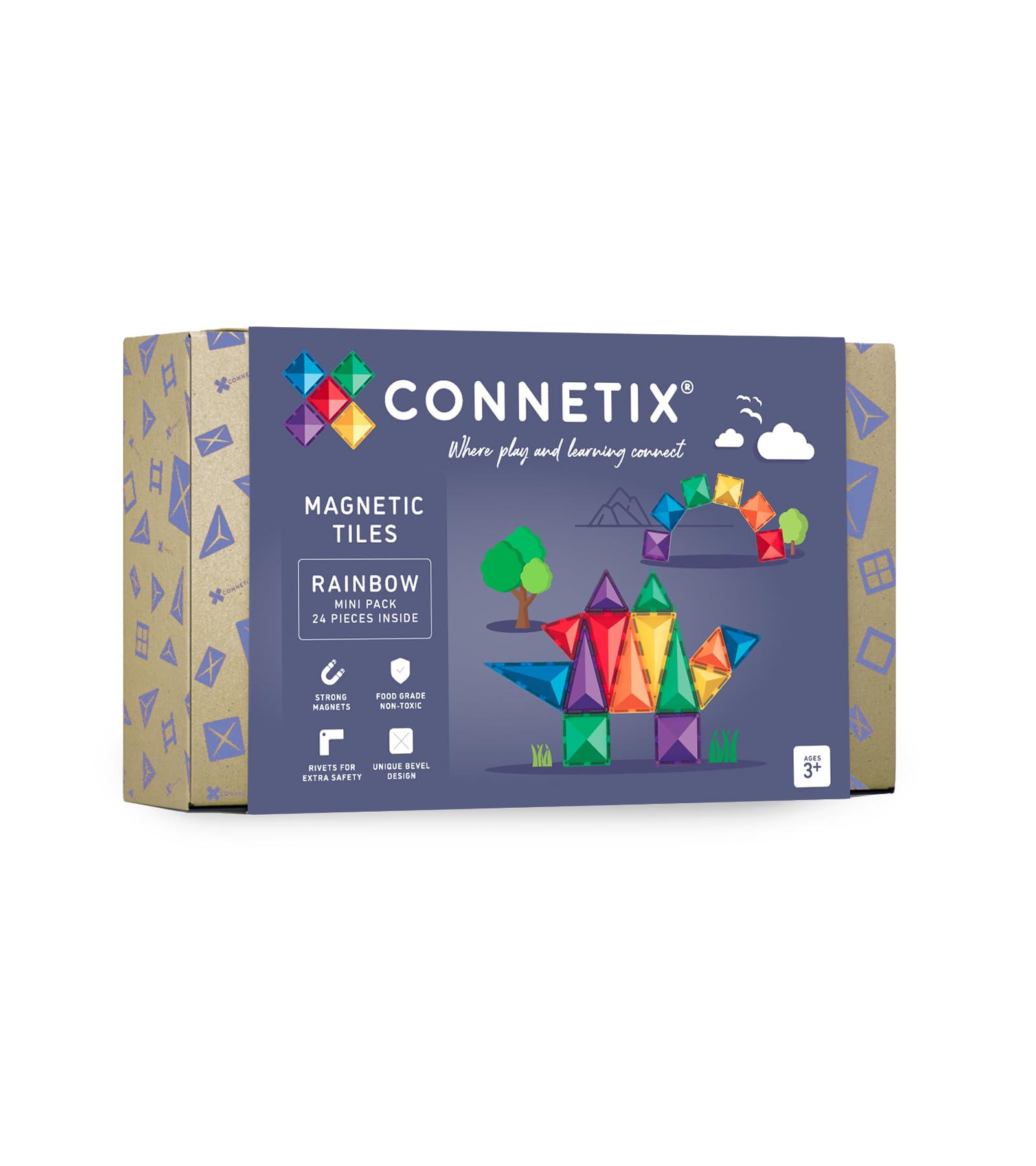 CONNETIX Magnetbausteine Regenbogen Minipackung, 24 Stück mit Quadraten und Dreiecken in Regenbogenfarben