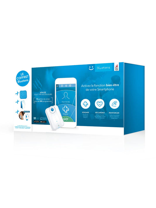 Bluetens MasterPack TENS EMS Elektrostimulationsgerät Komplettset: Ovales, blaues Gerät zur Schmerzlinderung und Muskelstimulation.