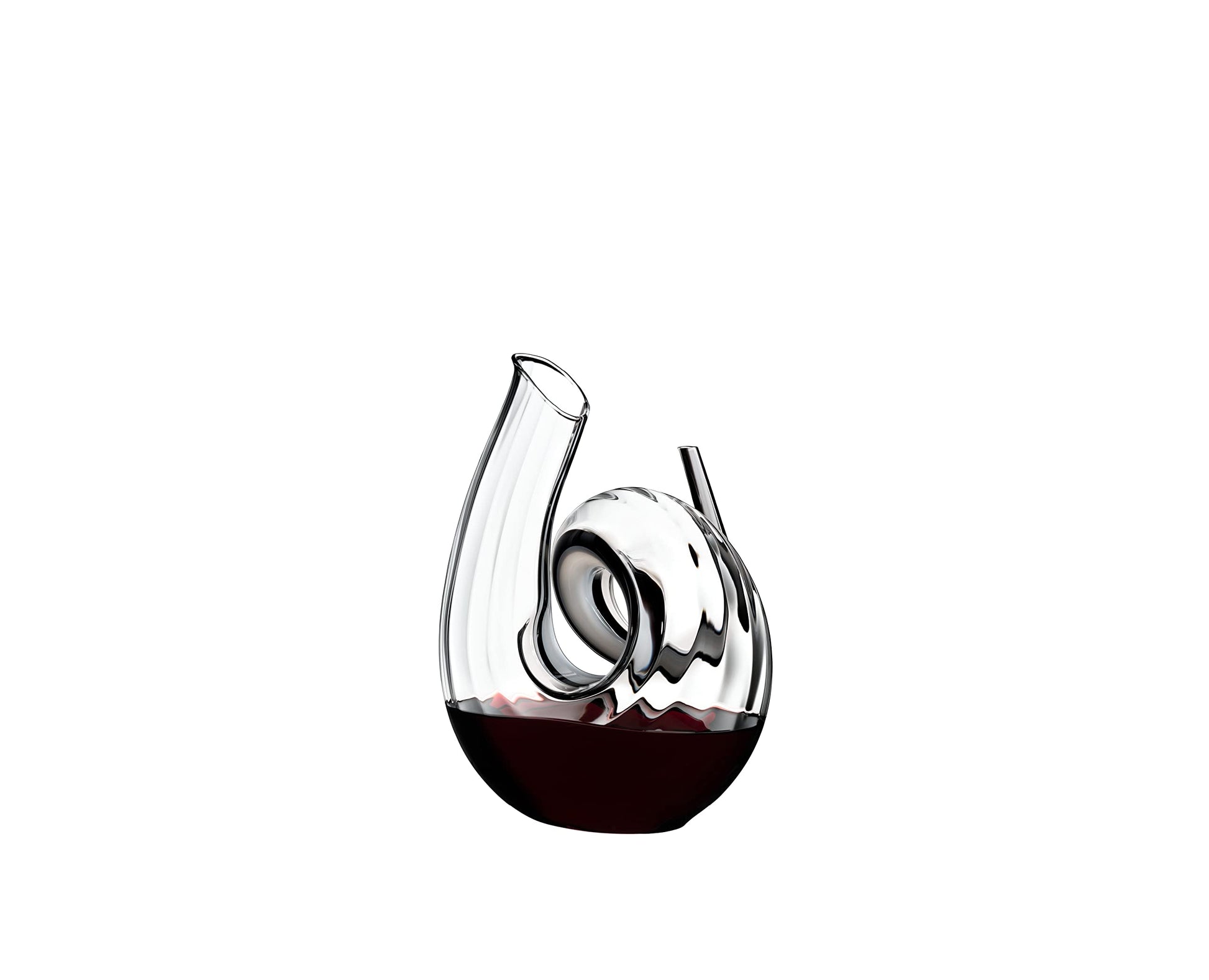RIEDEL Curly Fatto A Mano Dekanter – Klar/Schwarz/Weiss. Geschwungener Dekanter mit schwarzem Fuß und weißem Streifen zum Dekantieren von Wein.