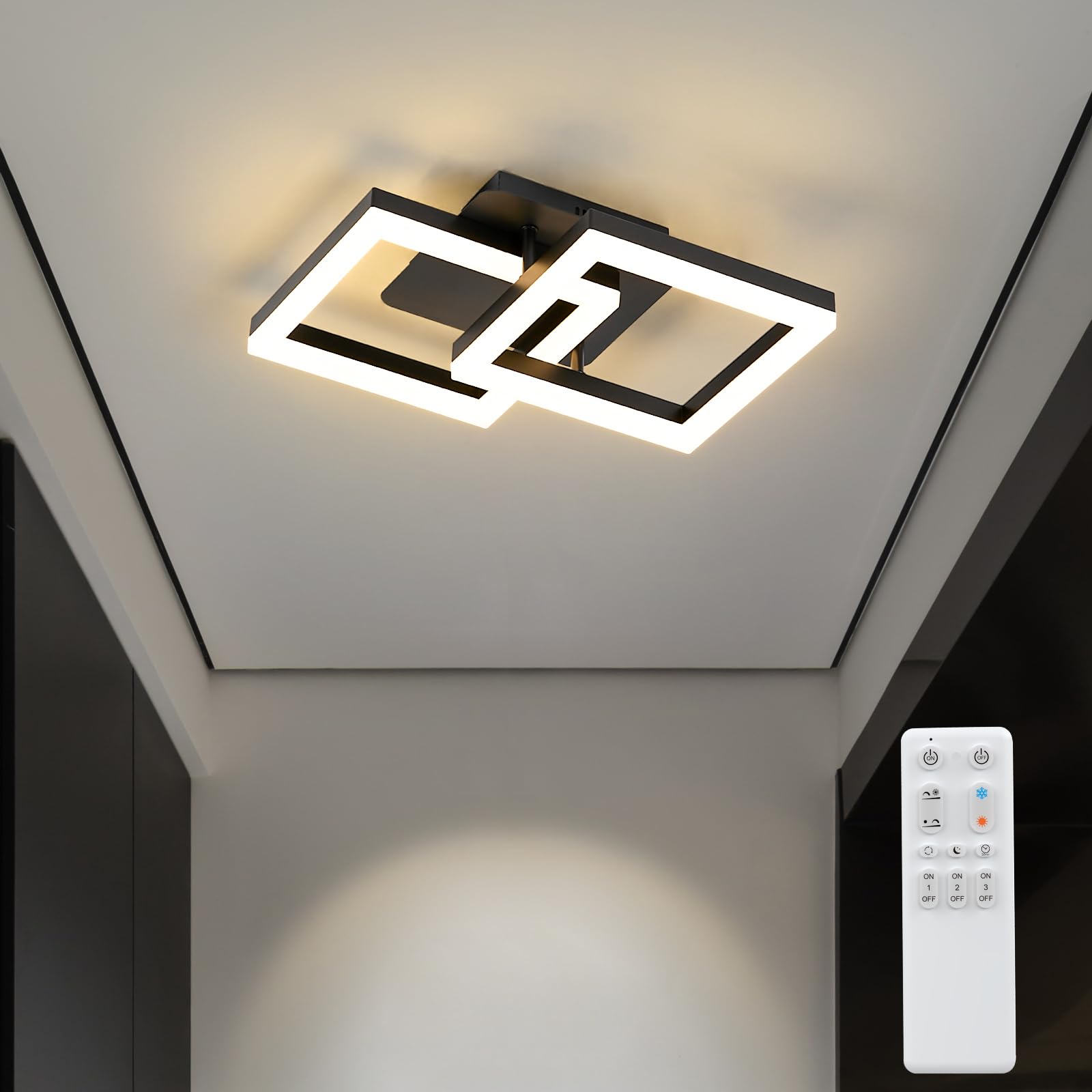 ANTENLICHT LED Deckenleuchte 20W dimmbar mit Fernbedienung, schwarz, geometrisches Design aus überlappenden Quadratrahmen