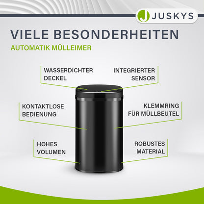 Juskys Abfalleimer Bewegungssensor - Schwarz 60L Edelstahl Eckig