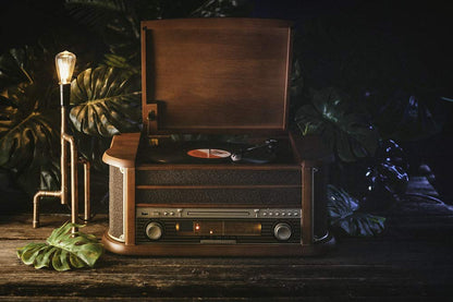 Nostalgie Holz Musikanlage - Plattenspieler, CD, Kassette, BT, Radio