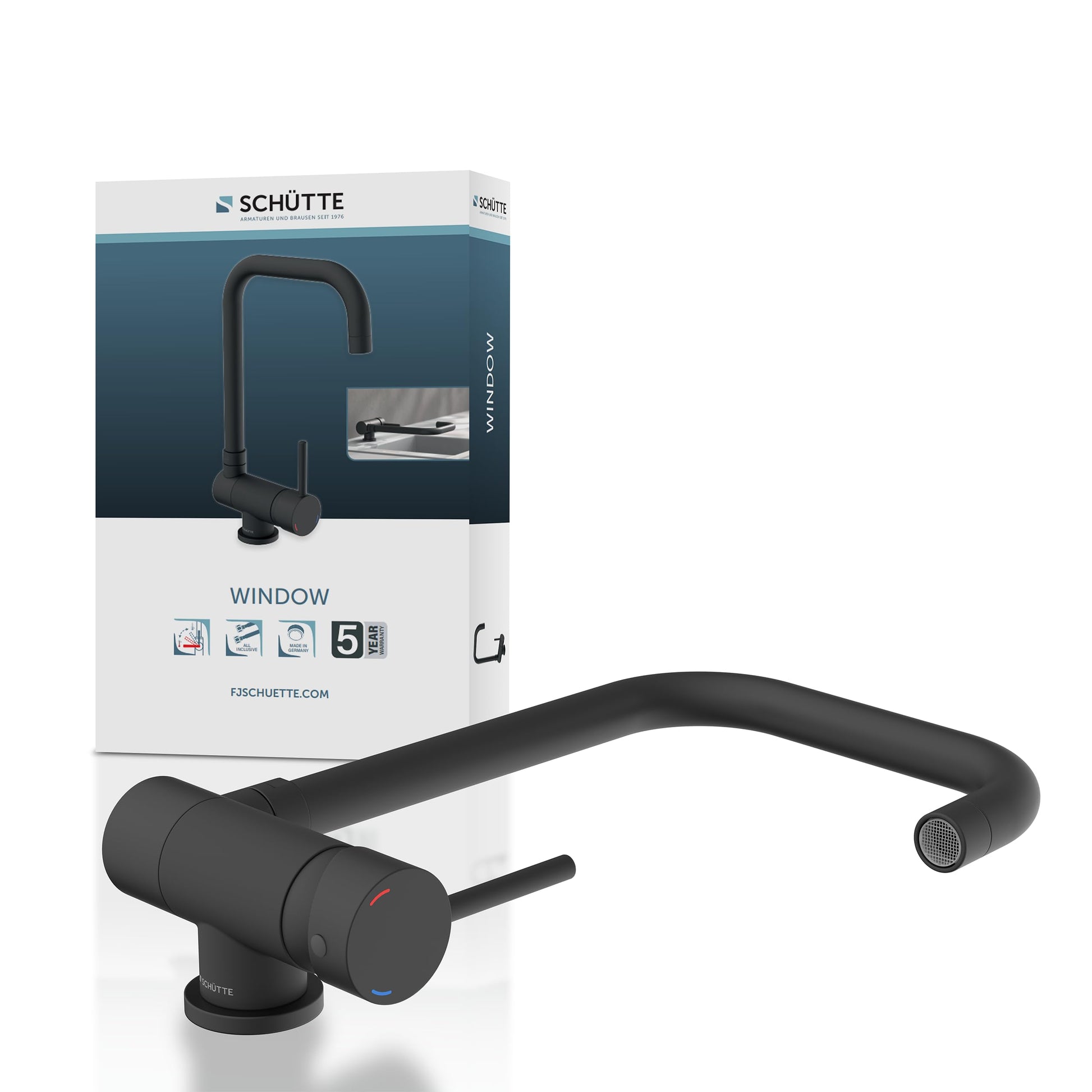 SCHÜTTE 24556 WINDOW Küchenarmatur Unterfenster umklappbar Schwarz. Schwarze, umklappbare Armatur für Spülen unter Fenstern, die geöffnet werden müssen.