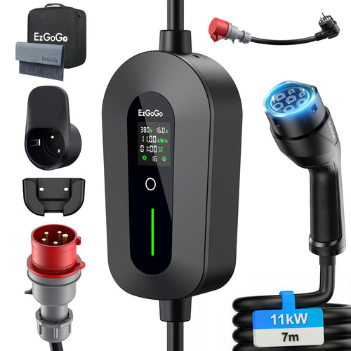 EzGoGo Mobile Wallbox 11 kW Typ 2 Ladegerät mit 7 m Ladekabel, IP65 – LCD-Display und CEE-16A-Stecker