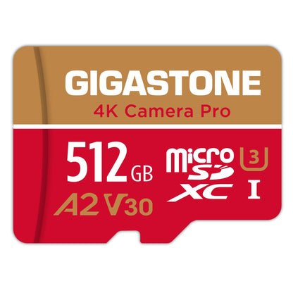 Gigastone 4K Kamera Pro Micro SD Karte 512GB A2 U3 V30 mit Adapter, schwarze Karte. Schneller Datenspeicher für 4K Videoaufnahmen.