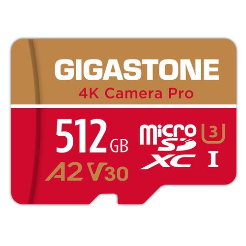Gigastone 4K Kamera Pro Micro SD Karte 512GB A2 U3 V30 mit Adapter, schwarze Karte. Schneller Datenspeicher für 4K Videoaufnahmen.