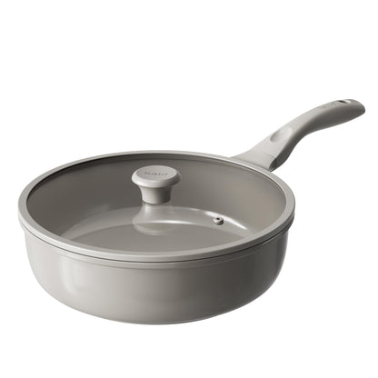 Redchef Keramik Pfanne – 28cm mit Deckel Induktion Antihaft: Schwarze Pfanne mit hellem Keramikboden und Glasdeckel zum Braten.