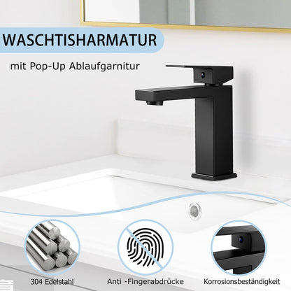BOOXELY Waschtischarmatur Schwarz Matt mit Pop-Up Ablaufgarnitur