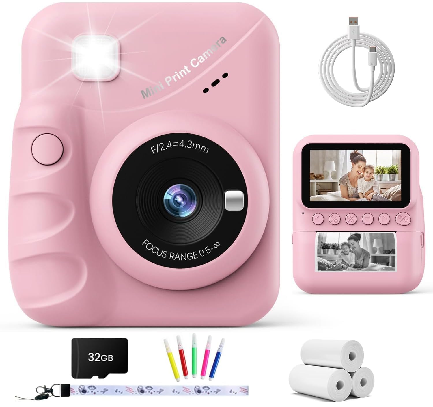 TIATUA Kinderkamera Sofortbildkamera 48 MP mit 32 GB Karte, Rosa, mit 3,0-Zoll-Display und tintenfreiem Sofortdruck