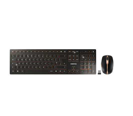 CHERRY DW 9100 SLIM Kabelloses Tastatur-Maus-Set UK Schwarz. Flache UK-Tastatur und Maus zur drahtlosen PC-Eingabe.
