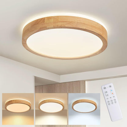 Baerolc LED Deckenleuchte Holz 40CM Rund Dimmbar – mit Fernbedienung. Zur individuellen Raumbeleuchtung per Fernsteuerung.