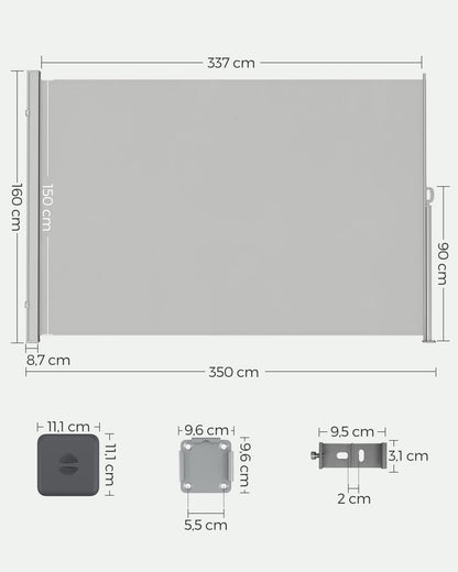 SONGMICS Seitenmarkise mit Stahl-Kasten, 160 x 350 cm, hellgrau