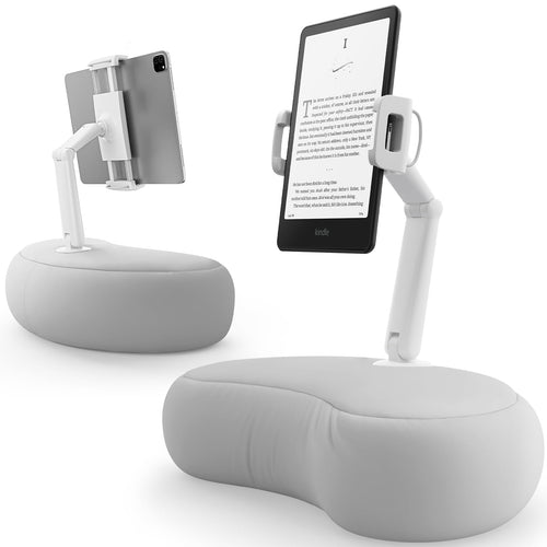 SAIJI Tablet Kissen Halter 360° für Bett: Graues Kissen mit integrierter Halterung für verstellbaren Tablet-Gebrauch im Bett.