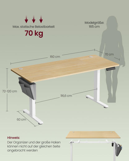 SONGMICS höhenverstellbarer Schreibtisch elektrisch, 160 x 70 cm