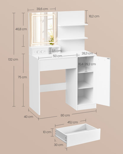 VASAGLE Kailyn Schminktisch mit LED-Spiegel & Steckdosenleiste – Weiss