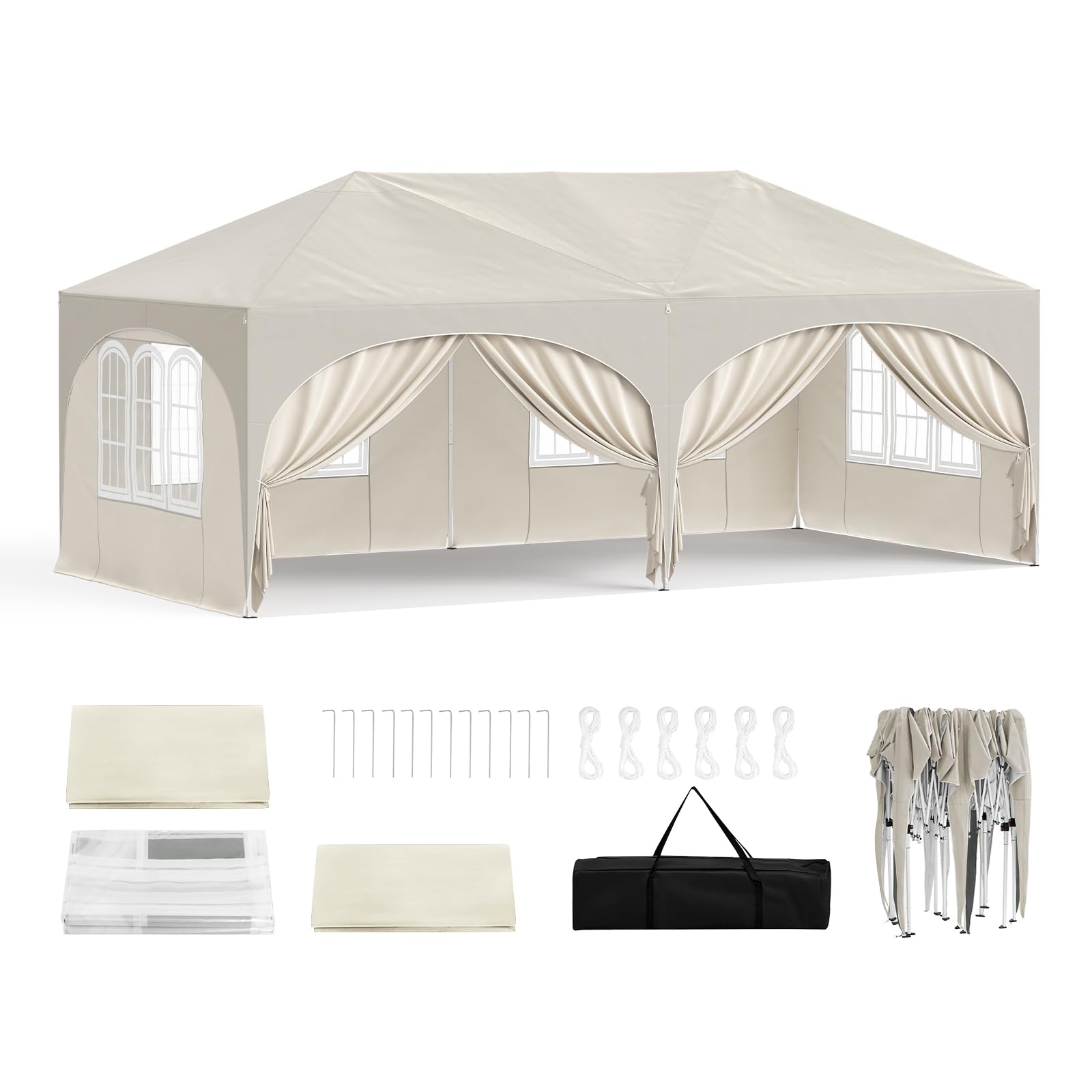 WOLTU Faltpavillon 3x6 m mit 6 Seitenwänden, UV-Schutz 50+, Beige, Gartenpavillon mit Tragetasche