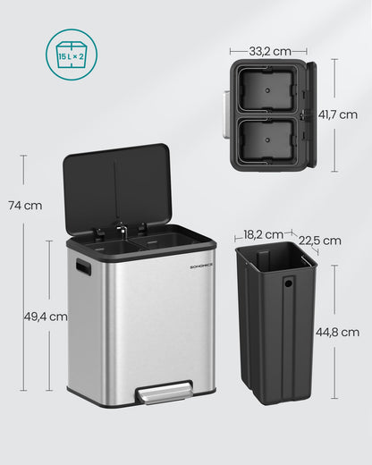 SONGMICS Mülleimer Küche 2 x 15 L Mülltrennsystem, Softclose-Deckel