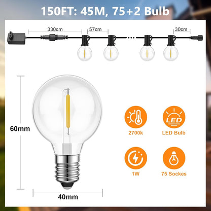 GPATIO LED Lichterkette Aussen, 45 m, 75 G40 Glühbirnen, IP45