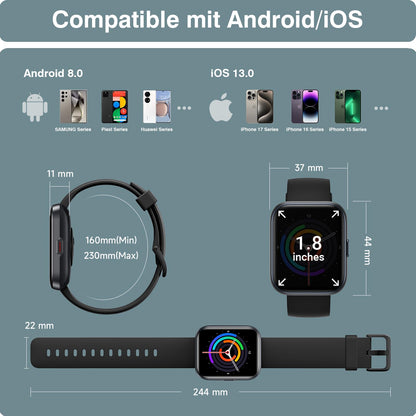 AEAC Smartwatch Fitnessuhr mit Telefonfunktion, 1.85" Display