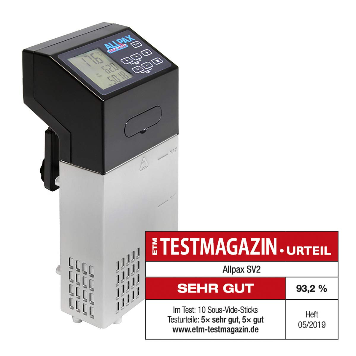 Allpax SV 2 Sous Vide Garer Stick, silberfarbener Präzisions-Heizstab für Wasserbäder. Gart Speisen mit 1500W Leistung bis 30L.