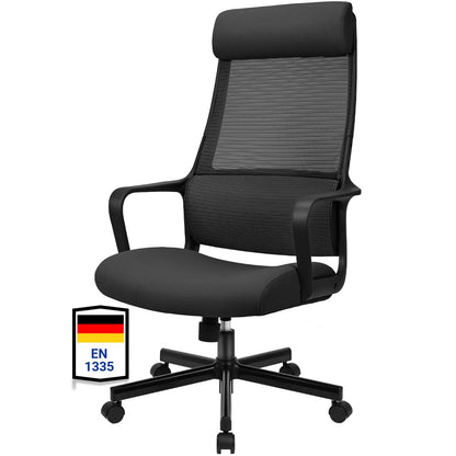 MELOKEA Bürostuhl Ergonomisch Drehstuhl mit Wippfunktion – Schwarz. Schwarzer Drehstuhl für ergonomisches Büro-Arbeiten.