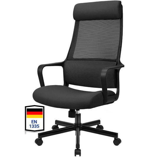 MELOKEA Bürostuhl Ergonomisch Drehstuhl mit Wippfunktion – Schwarz. Schwarzer Drehstuhl für ergonomisches Büro-Arbeiten.