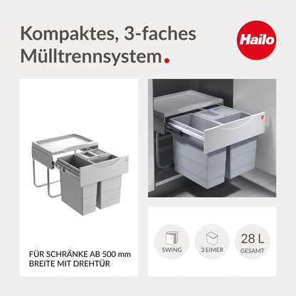 Hailo Raumspar Tandem 3644731 Einbau Mülleimer - 3-fach hellgrau