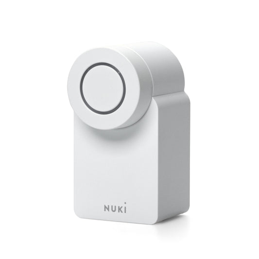 Nuki Smart Lock Go (2025) Smartes Türschloss – Matter WLAN, ein zylindrisches, weißes Gerät, öffnet und schließt Türen smart per App und Matter WLAN.
