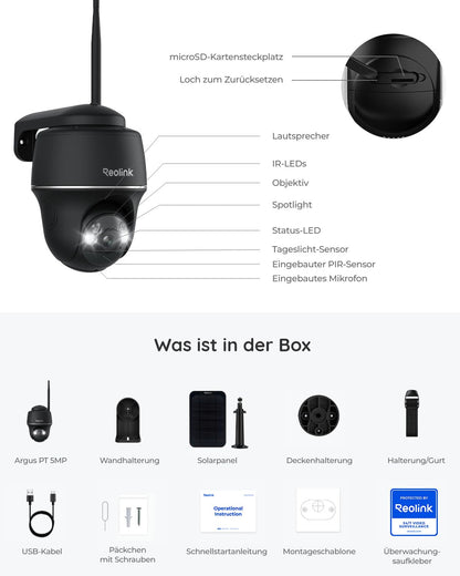 Reolink Argus PT 5MP Solar Überwachungskamera mit Solarpanel, schwarz