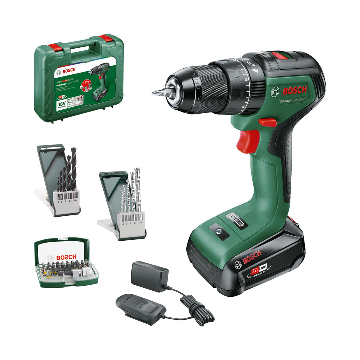 Bosch UniversalImpact 18V-60 Akku-Schlagbohrschrauber mit Koffer, Bit-Set und Bohrern