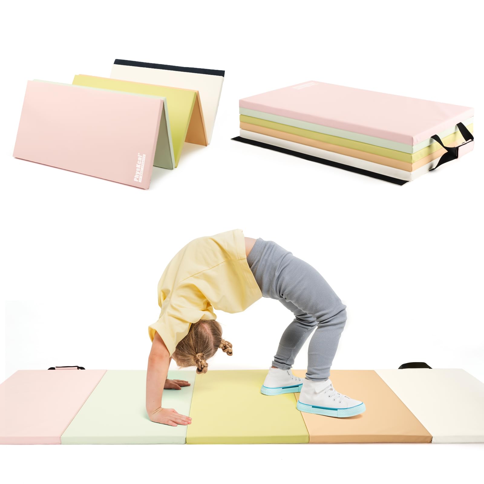 PhysKcal 5 Panel Macaron Klappbare Weichbodenmatte Turn-/Fitnessmatte, faltbar, in Pastellfarben, zum Turnen und für Fitness.