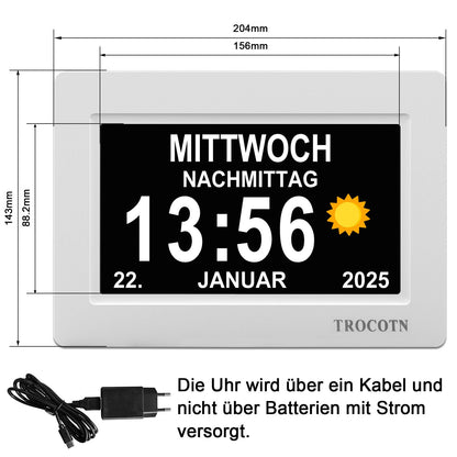 TROCOTN Digitale Tagesuhr für Senioren, Wecker, 7 Zoll, Weiss