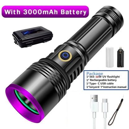 【Upgrade】30W 365nm UV Taschenlampe USB Aufladbar Schwarzlicht Taschenlampe UV Lampe Haustier Urin Detektor für Harzhärtung, Bernstein, Geocaching, Unechte Banknoten, A/C Leck, Heimtierurindetektoren