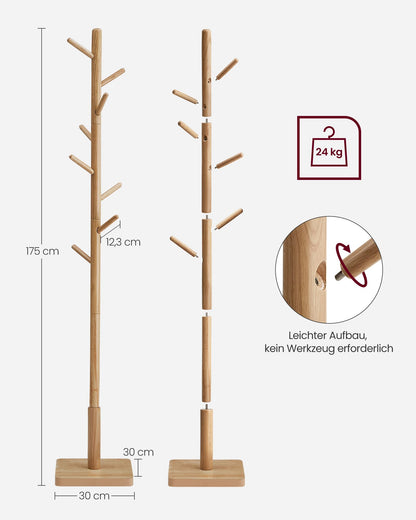 VASAGLE Garderobenständer aus Kautschukholz, 8 Haken, RCR010N01