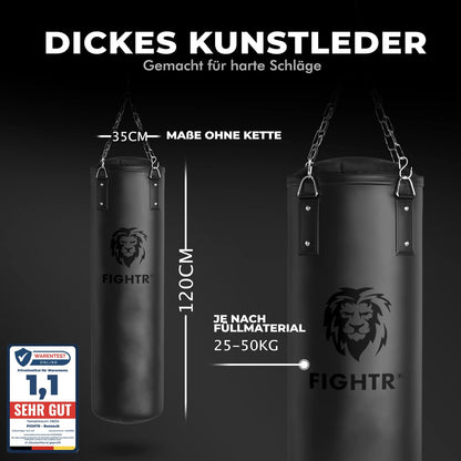 FIGHTR Boxsack ungefüllt mit 4-Punkt-Stahlkette, Schwarz/Weiss