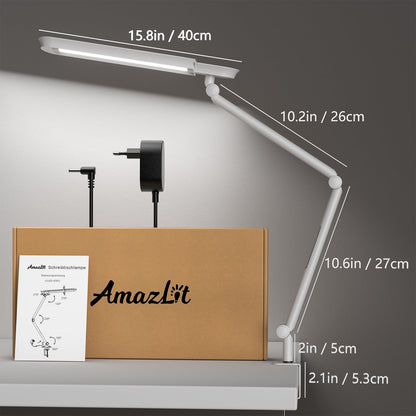 AmazLit LED Schreibtischlampe Klemme Schwenkarm – Weiss