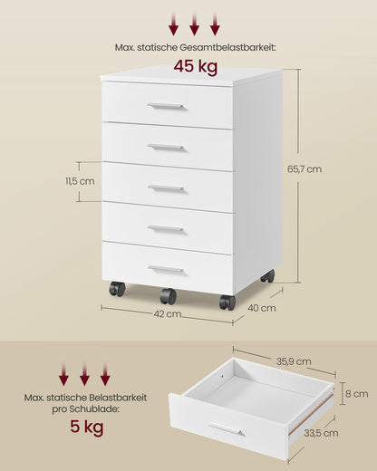 VASAGLE Rollcontainer mit 5 Schubladen, Aktenschrank, wolkenweiss