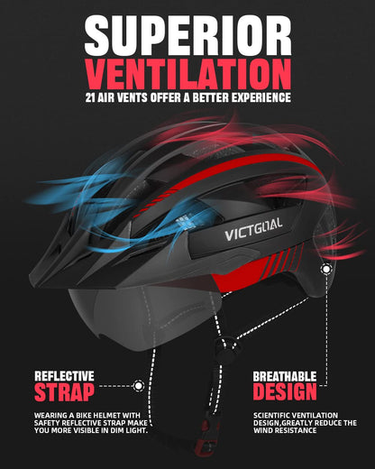 VICTGOAL MTB Fahrradhelm mit Magnetvisier und LED, M, Schwarz Rot