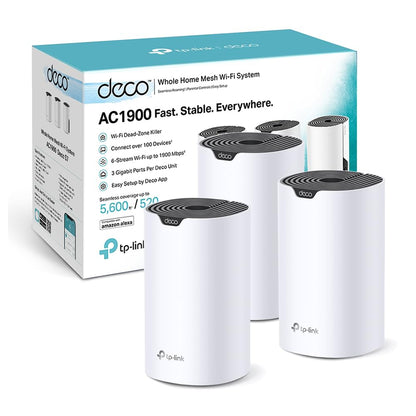 TP-Link Deco S1900 AC1900 Mesh-WLAN-Set (3er Pack): Drei weiße, zylindrische Geräte für flächendeckendes, nahtloses Mesh-WLAN.