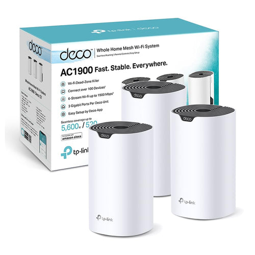 TP-Link Deco S1900 AC1900 Mesh-WLAN-Set (3er Pack): Drei weiße, zylindrische Geräte für flächendeckendes, nahtloses Mesh-WLAN.