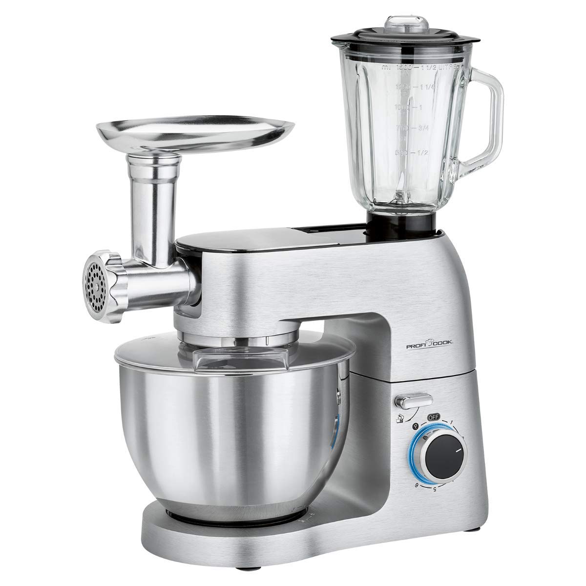 ProfiCook PC-KM 1189 Knetmaschine – Universal 3in1. Silberne Küchenmaschine mit Edelstahl-Schüssel zum Kneten, Rühren und Schlagen von Teig.