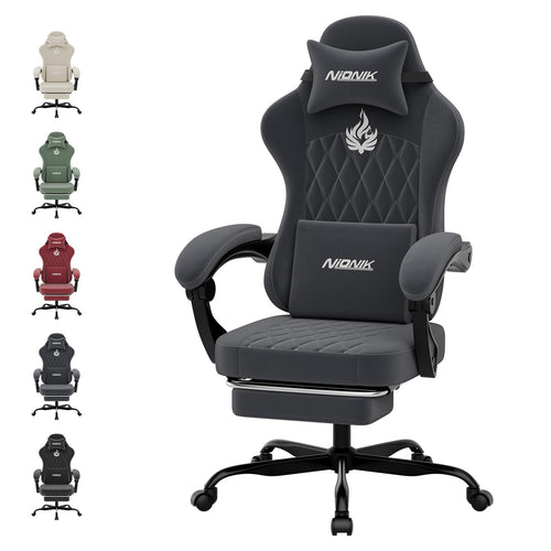 NIONIK Gaming Stuhl ergonomisch, höhenverstellbar, Grau, mit Kopf- und Lendenkissen