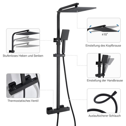 Auralum Regendusche System Thermostat Schwarz Quadrat 25x25cm