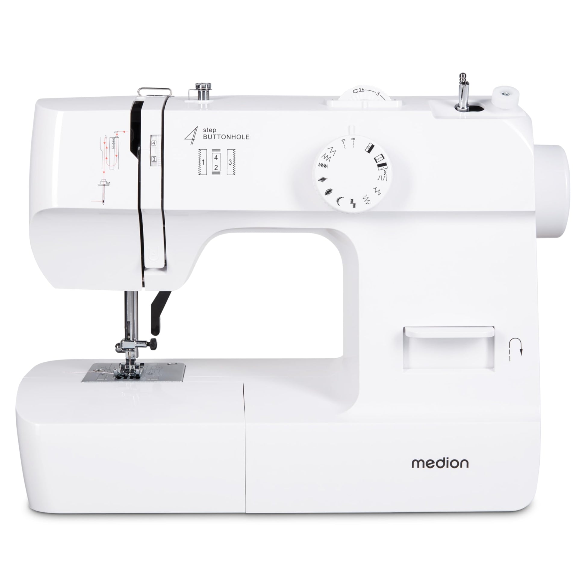 MEDION SM70 Nähmaschine - MD11179, 12 Stichmuster, Weiss. Näht Textilien präzise mit 12 Stichmustern.