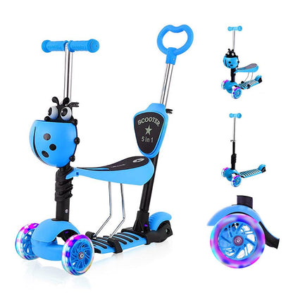 YOLEO 5-in-1 Kinder Scooter mit Sitz, Korb und Schubstange, Blau, Dreirad mit leuchtenden PU-Rädern