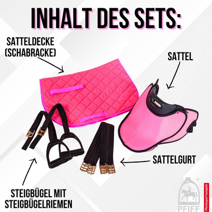 PFIFF 103106 Sattelset für Shetty und Holzpferd, Kindersattel pink