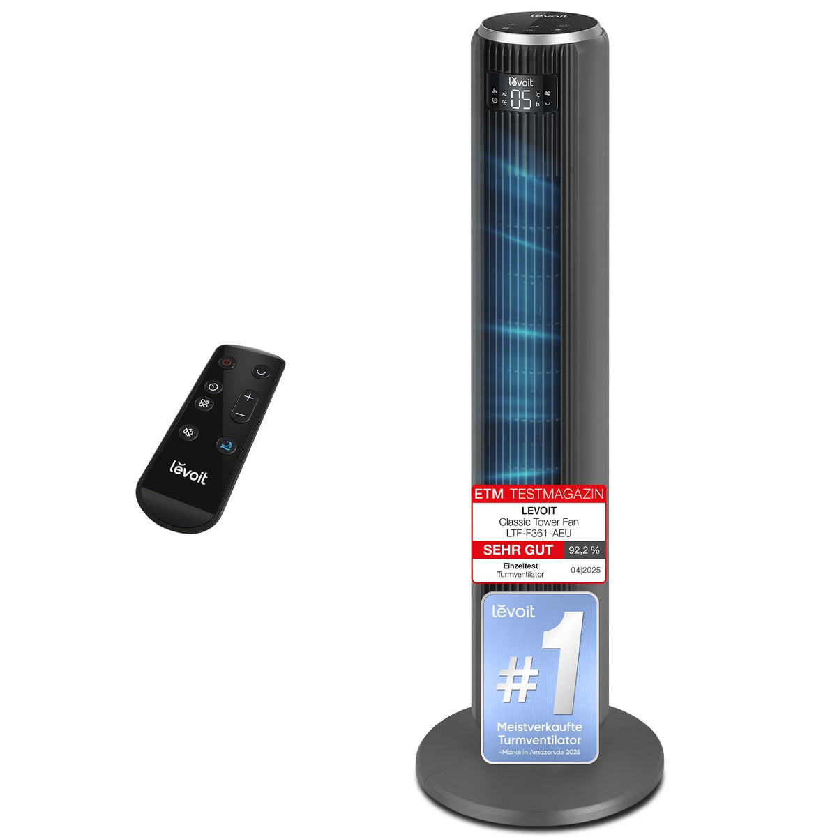 Levoit Turmventilator LTF-F361-AEU, 92 cm, mit Fernbedienung, mattgrau – schlanker Säulenventilator