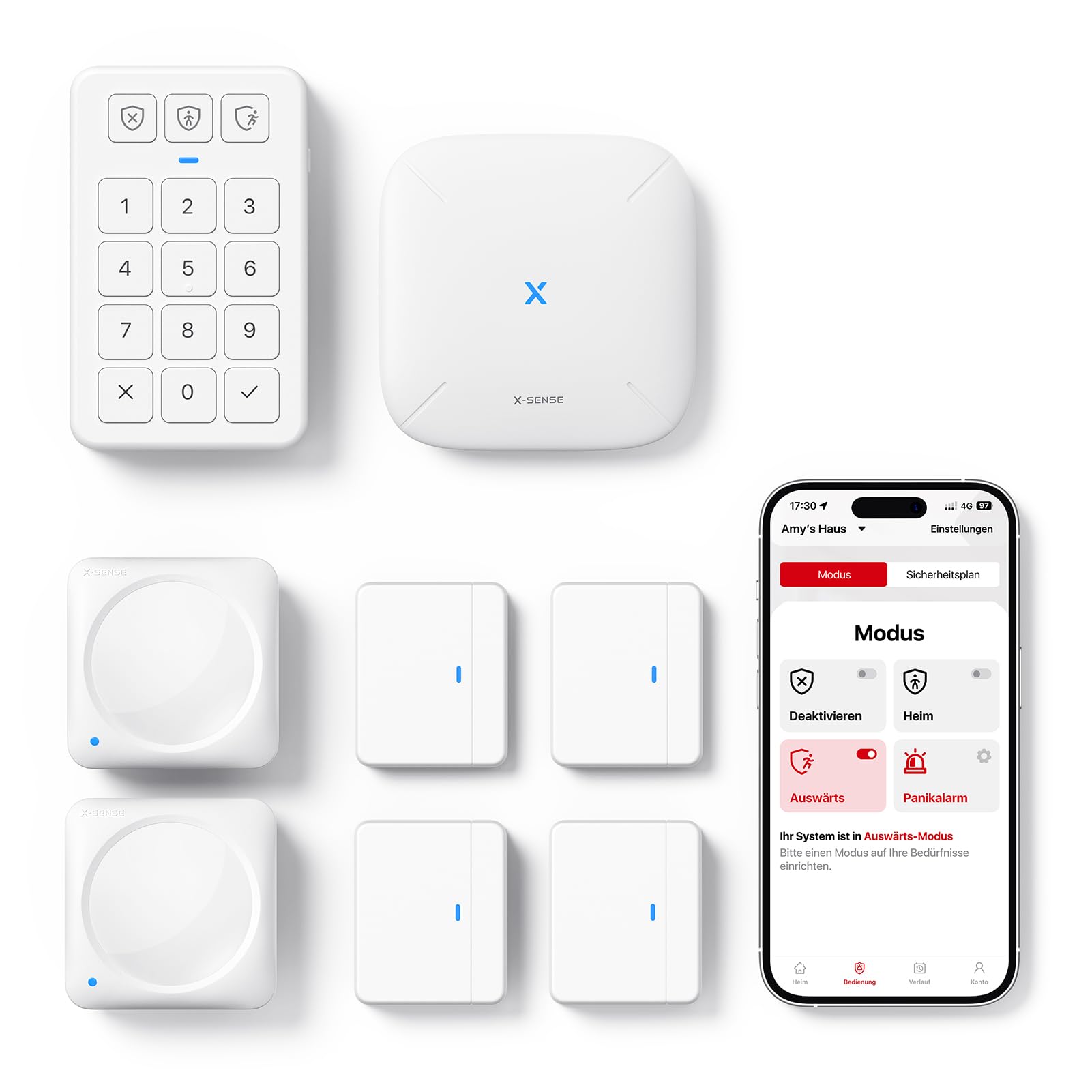 X-Sense AS08 Smart Home Alarmanlage mit Tür- und Fenstersensoren, Keypad und Basisstation