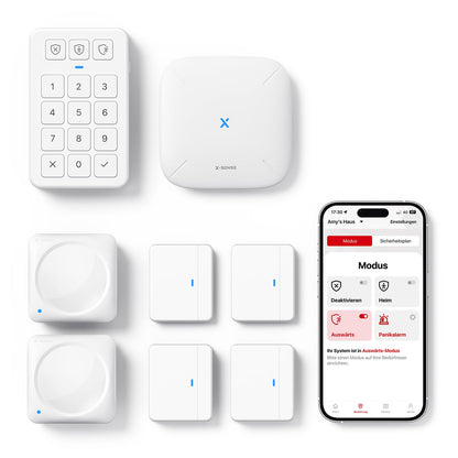 X-Sense AS08 Smart Home Alarmanlage mit Tür- und Fenstersensoren, Keypad und Basisstation