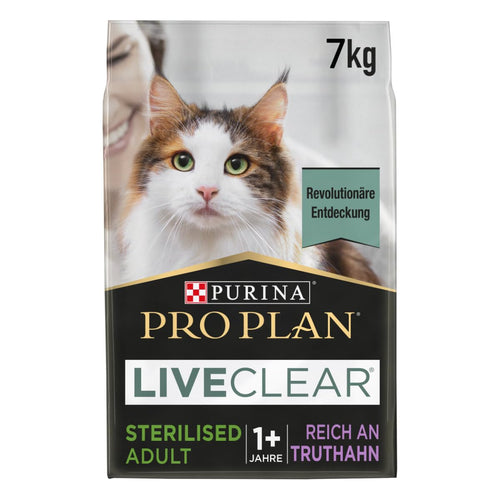 PURINA PRO PLAN LIVECLEAR STERILISED ADULT Katzenfutter - Truthahn. Braune Trockenfutter-Kroketten für sterilisierte Katzen zur Allergenreduktion.